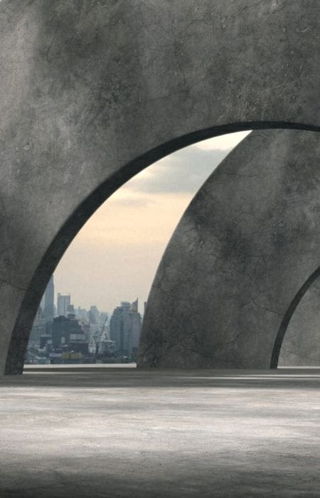 Large concrete arches covering a open-plan social walking area